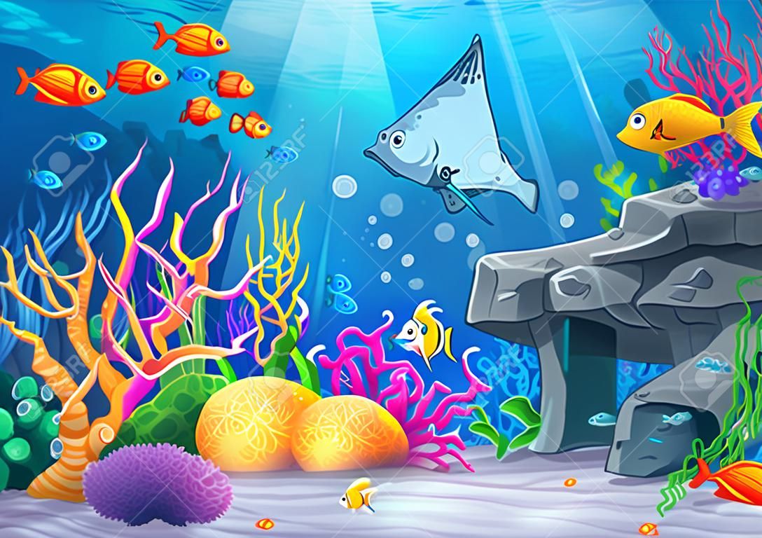 矢量卡通插圖海底世界與滑稽人物抽筋魚圍繞著珊瑚，珊瑚礁，岩石，魚，蟹，貝殼