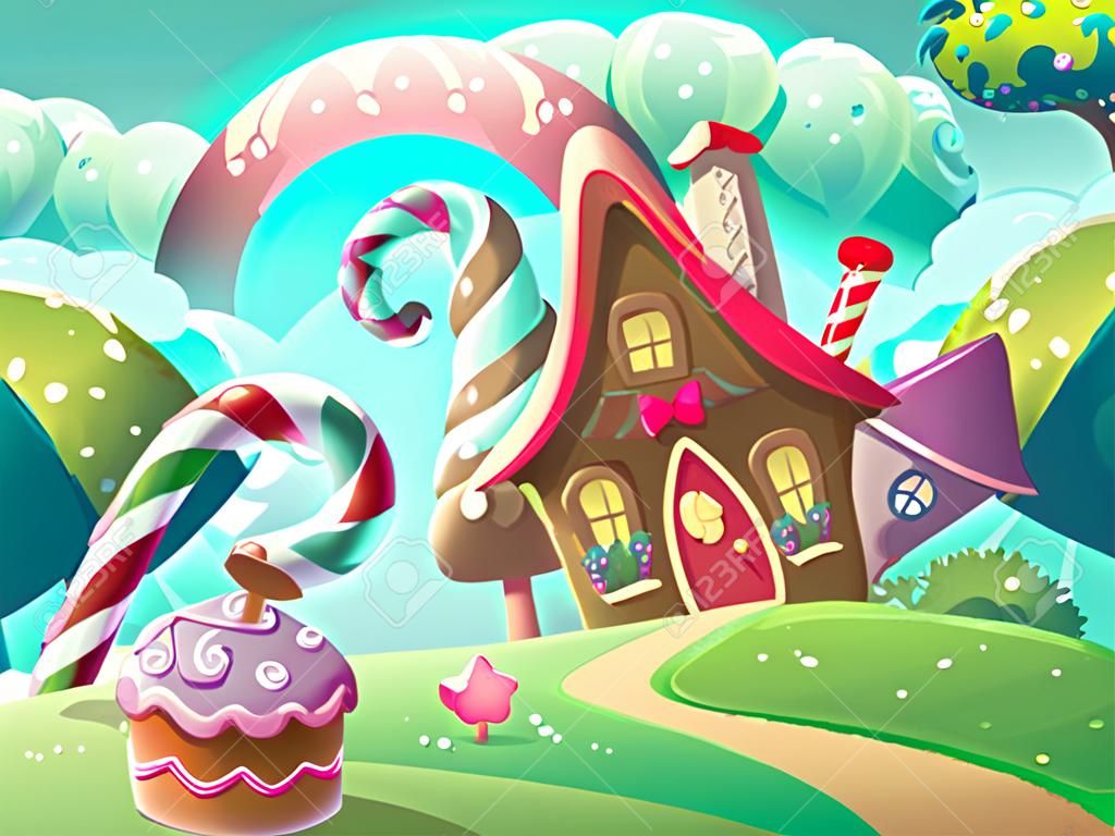 Vector illustration de dessin animé fond maison de bonbons sucrés avec des arbres fantastiques, gâteau drôle et caramel