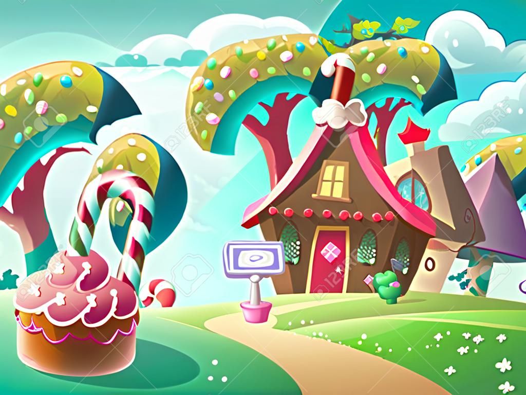 Vector cartoon illustration background sweet candy house with fantasy trees, funny cake and caramel