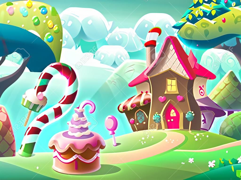 Vector illustration de dessin animé fond maison de bonbons sucrés avec des arbres fantastiques, gâteau drôle et caramel