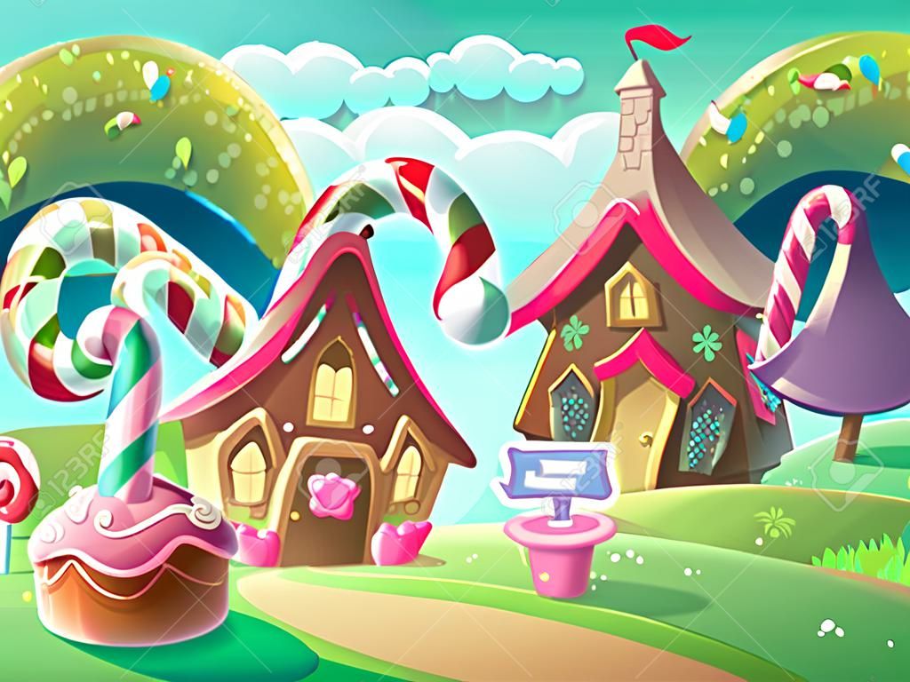 Vector Cartoon Illustration Hintergrund süße Süßigkeiten Haus mit Fantasiebäume, lustige Kuchen und Karamell