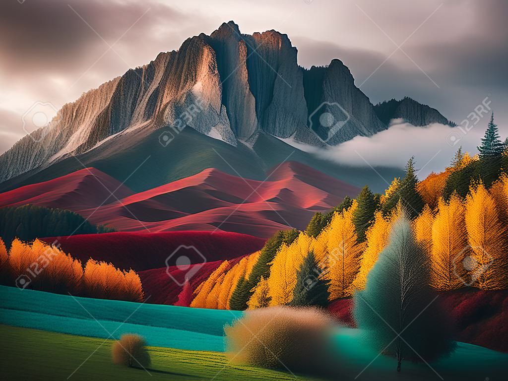 Colorful autumn landscape in the mountains. Colorful forest on the slopes.
