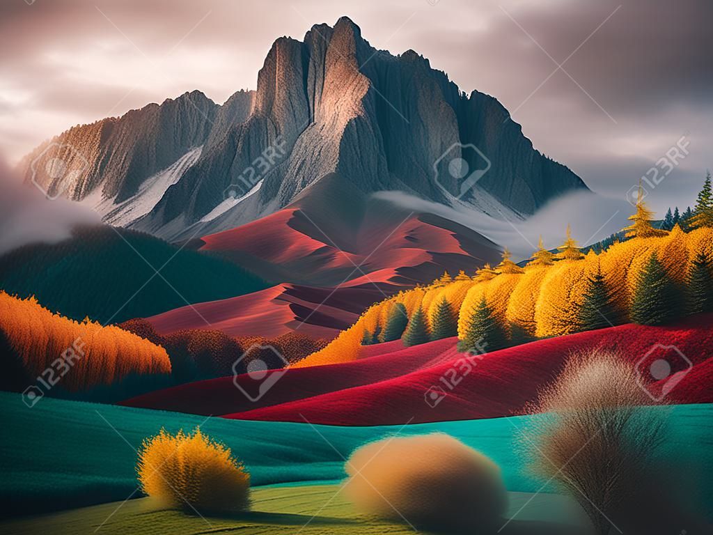 Colorful autumn landscape in the mountains. Colorful forest on the slopes.