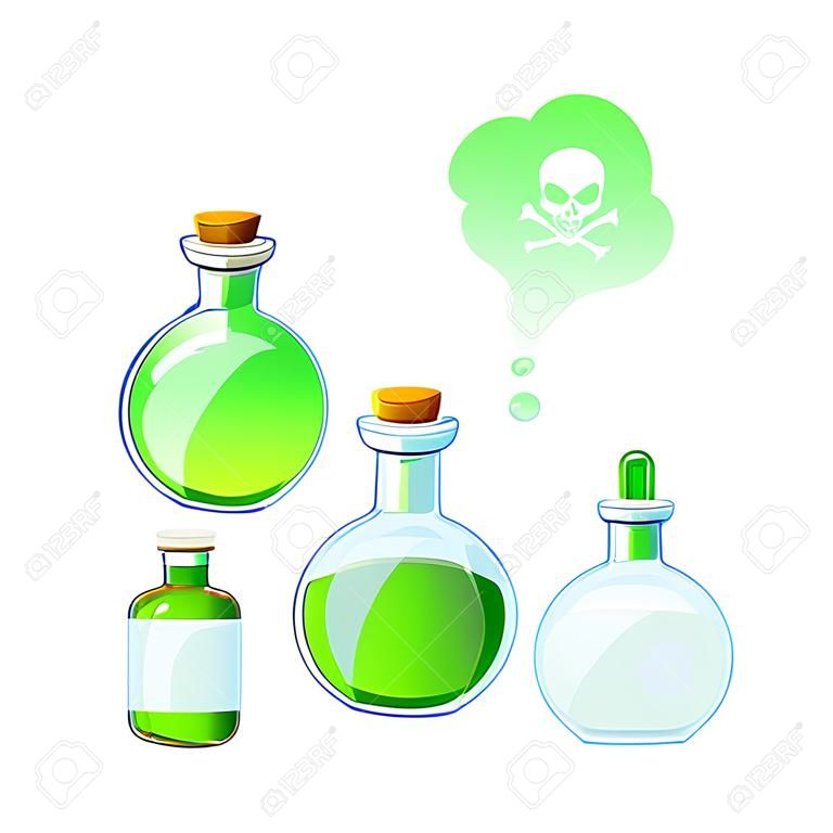 Vector illustration with set of poison bottles.Game icon of a poison bottle.Empty bottle.Toxic vapor