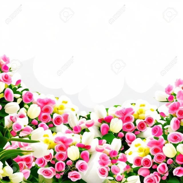 新鮮なピンクのバラと白の背景に白のチューリップ花境界線の束