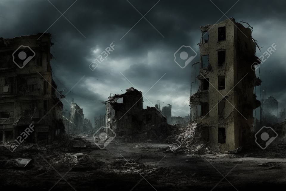 Destroyed in war post-apocalyptic abstract city background