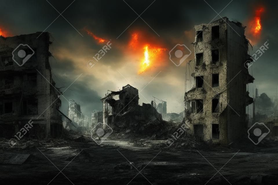 Destroyed in war post-apocalyptic abstract city background