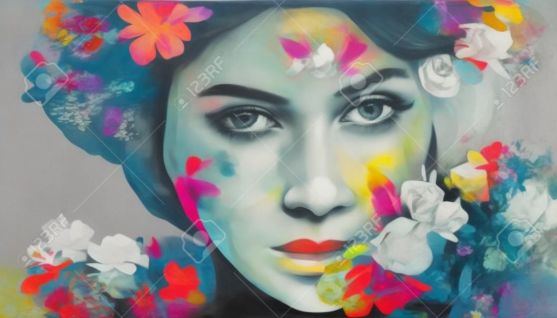 Collage de arte contemporáneo abstracto retrato de mujer joven con flores cerca de su cara