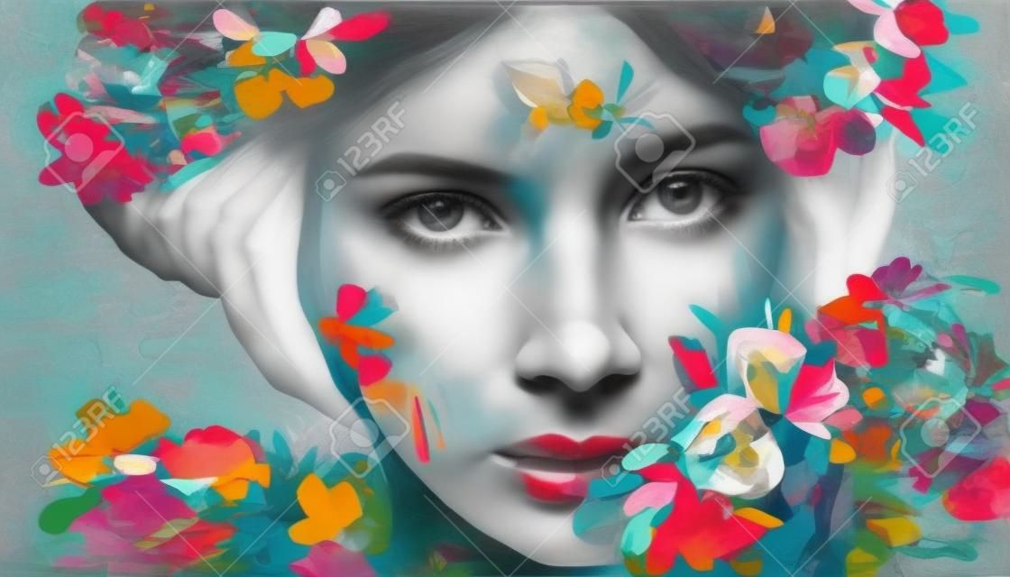 Collage de arte contemporáneo abstracto retrato de mujer joven con flores cerca de su cara