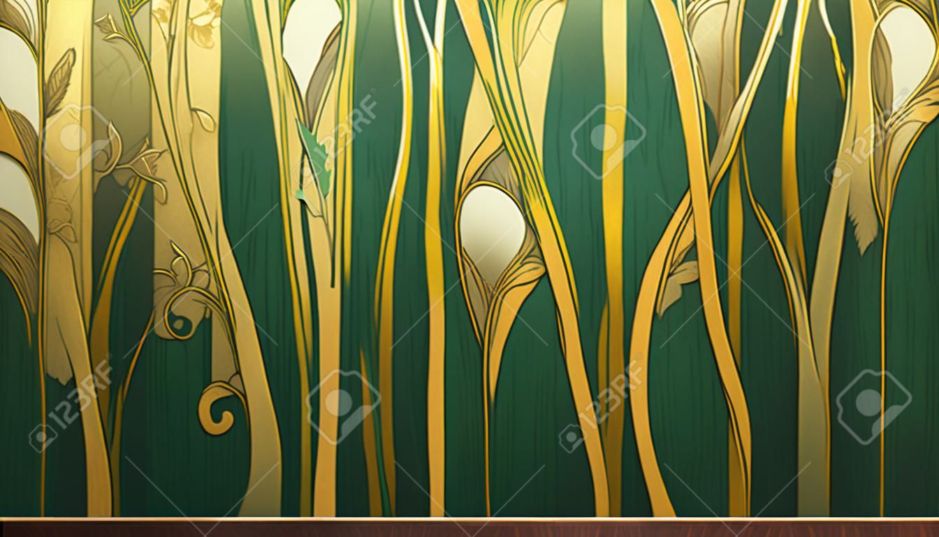 Échantillon de tissu avec des fils dorés à motif floral et en forme de feuilles modernes sur une illustration en soie de couleur sarcelle
