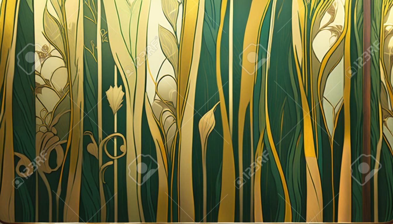 Échantillon de tissu avec des fils dorés à motif floral et en forme de feuilles modernes sur une illustration en soie de couleur sarcelle