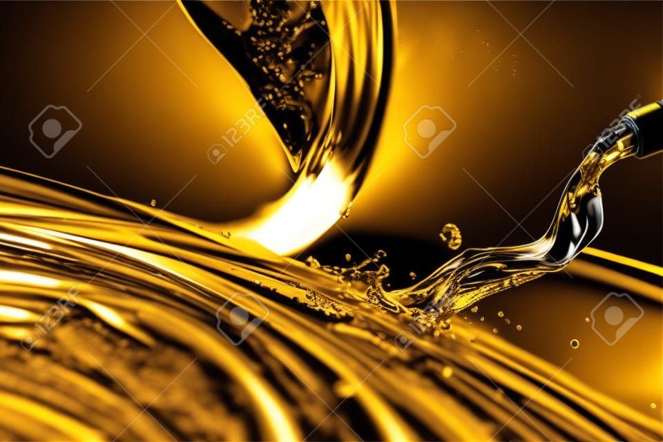 Spruzzi di olio motore per auto, versando carburante liquido in color oro