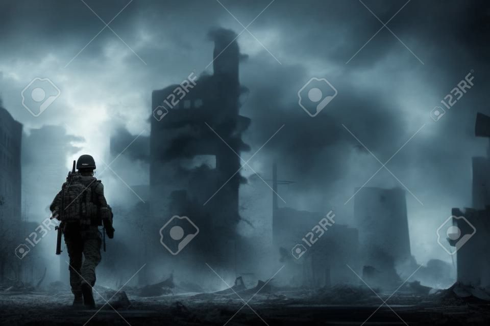 Samotny żołnierz chodzący po zniszczonym mieście, wojnie lub koncepcji klęski żywiołowej