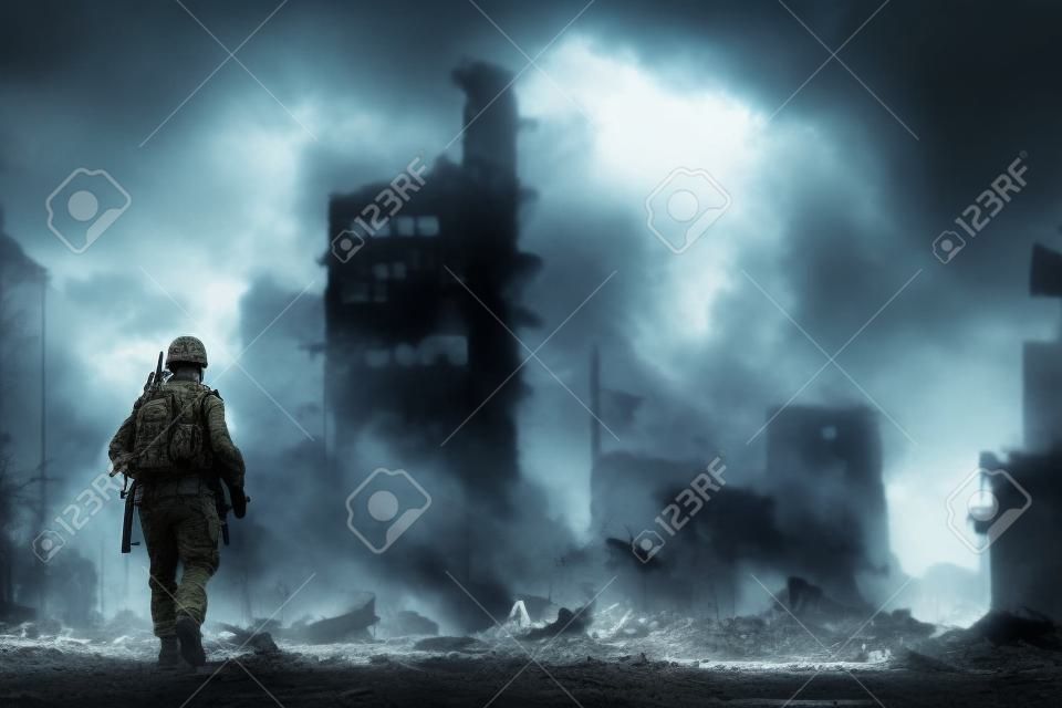 Samotny żołnierz chodzący po zniszczonym mieście, wojnie lub koncepcji klęski żywiołowej