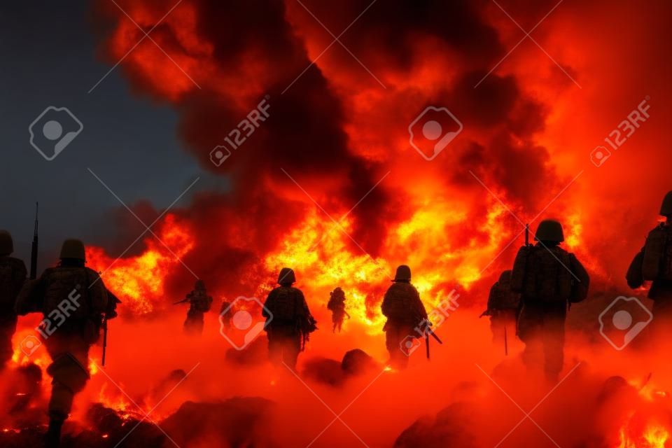 Soldiers siluettes on battlefield, fire and smoke clouds in background