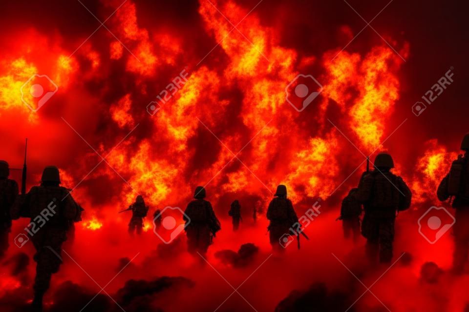 Soldaten siluetten op slagveld, vuur en rookwolken op achtergrond