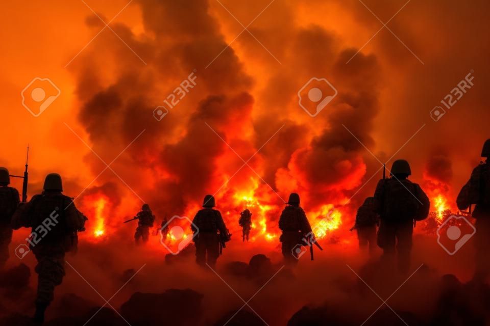 Sylwetki żołnierzy na polu bitwy, chmury ognia i dymu w tle