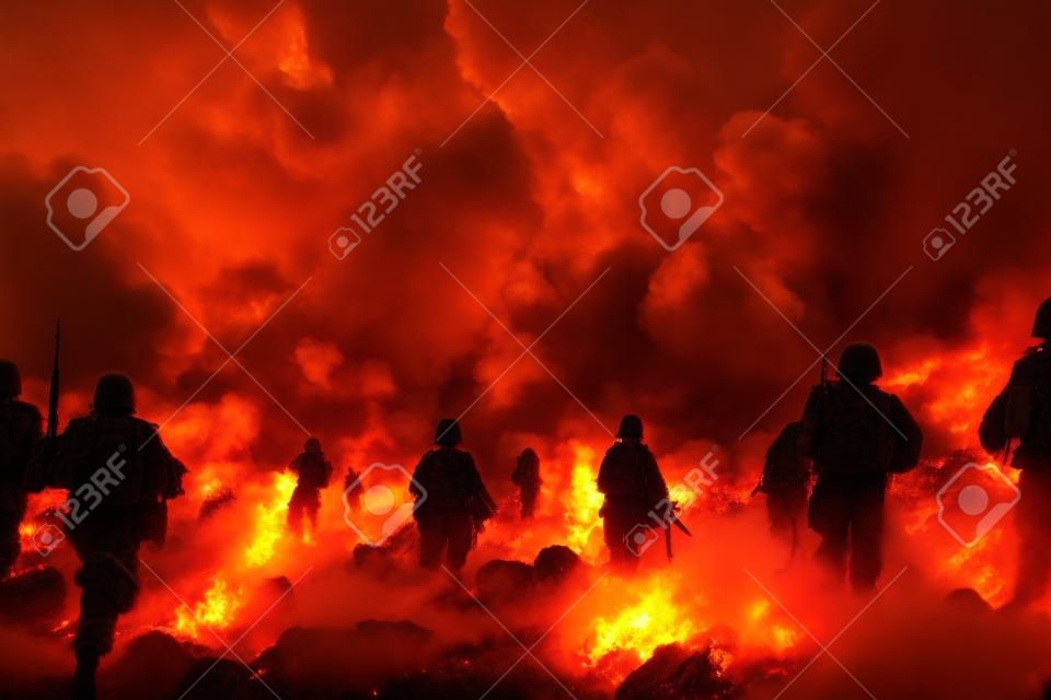 Soldaten Silhouetten auf dem Schlachtfeld, Feuer und Rauchwolken im Hintergrund