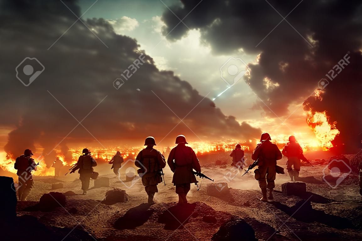 Sylwetki żołnierzy na polu bitwy, chmury ognia i dymu w tle