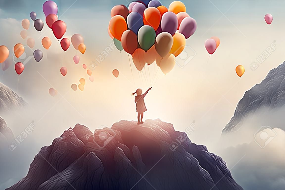 Little girl holding colorful balloons on mountines peak,