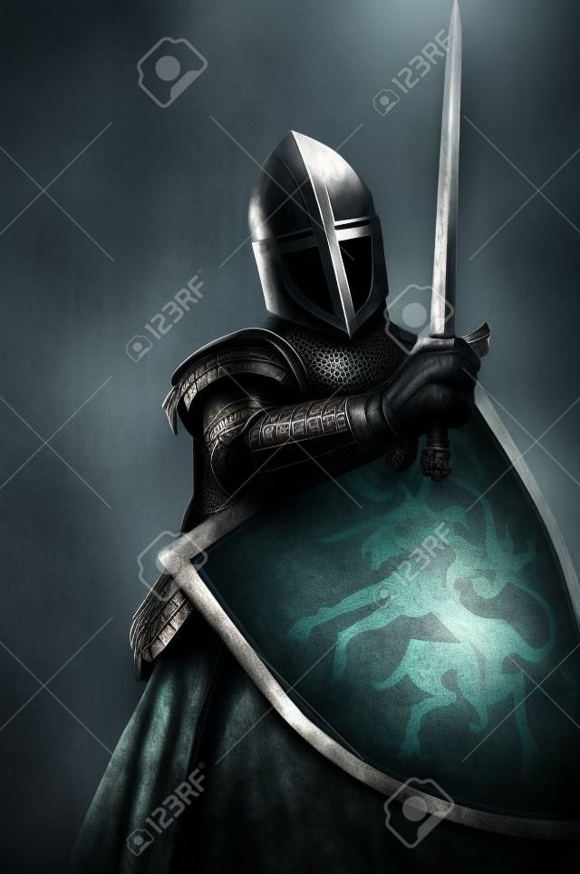 Cavaliere medievale su sfondo grigio