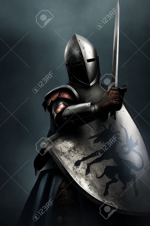 灰色の背景上の中世の騎士