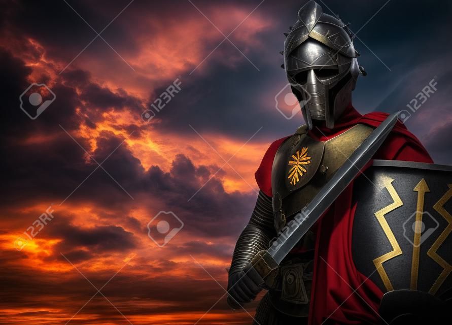Легионер солдат против грозового неба