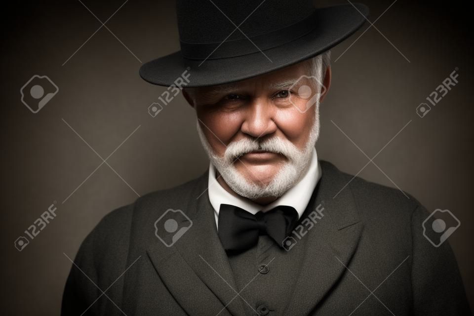 Serious altmodischen Mann mit Hut posiert auf dunklem Hintergrund.