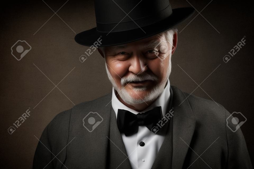 Serious altmodischen Mann mit Hut posiert auf dunklem Hintergrund.