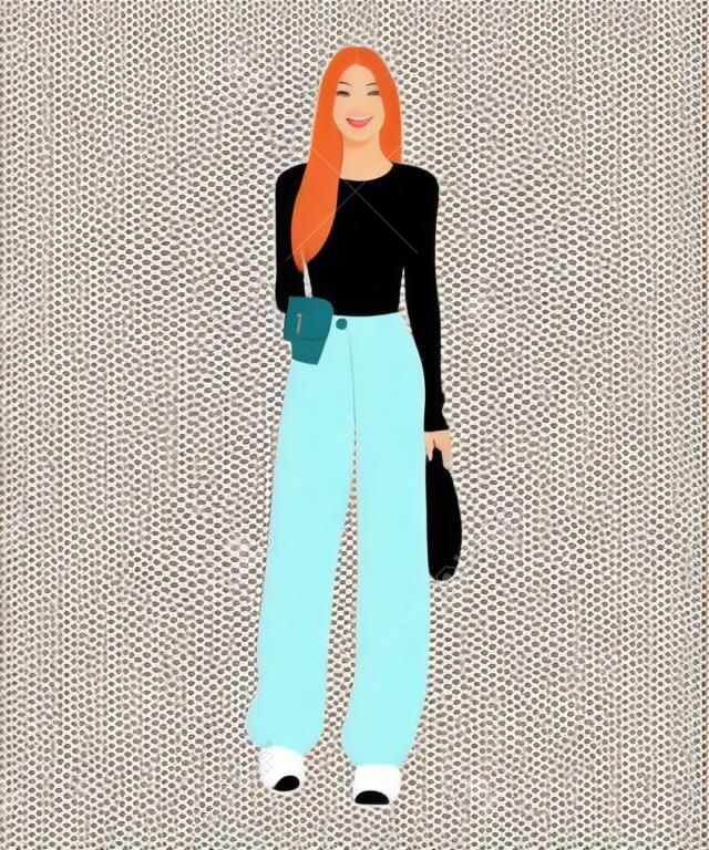 Beautiful and cute girl in stylish and fashionable clothes on a white background. Vector illustration in a flat style.