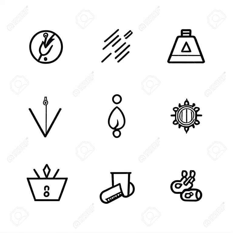 Eine Reihe von Symbolen für die Beständigkeit eines Materials, z. B. Hitzebeständigkeit, Schlagfestigkeit, Wasserdichtigkeit. Geeignet für Gestaltungselemente aus Produktinformationen, Werbung und Materialdesign.