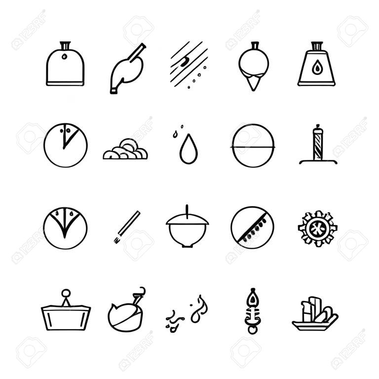 Eine Reihe von Symbolen für die Beständigkeit eines Materials, z. B. Hitzebeständigkeit, Schlagfestigkeit, Wasserdichtigkeit. Geeignet für Gestaltungselemente aus Produktinformationen, Werbung und Materialdesign.