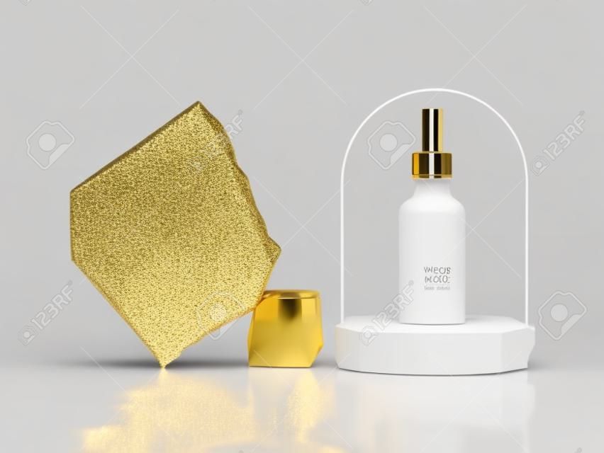 rendering 3d, vasetto cosmetico bianco con contagocce dorato, posizionato su una piattaforma di ciottoli grezzi. Presentazione moderna del prodotto di bellezza. Mockup di pacchetto vuoto minimo, vetrina commerciale