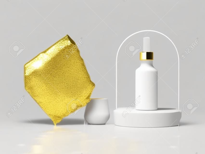 Presentación 3d, tarro cosmético blanco con tapa cuentagotas dorada, colocado sobre una plataforma de adoquines ásperos. Presentación de productos de belleza modernos. maqueta de paquete en blanco mínimo, escaparate comercial