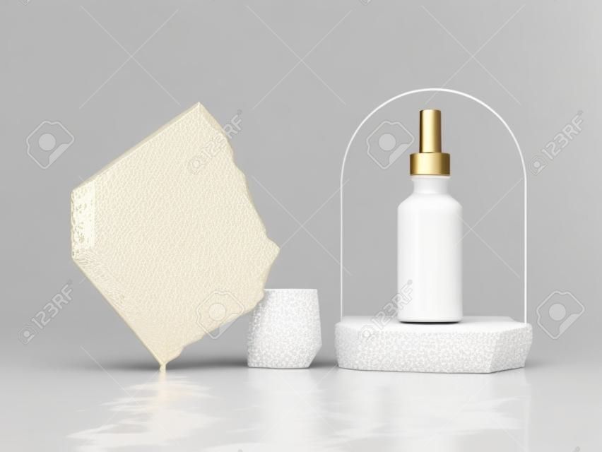 3d render, biały słoik kosmetyczny ze złotą nakrętką, umieszczony na szorstkiej, brukowanej platformie. nowoczesna prezentacja produktów kosmetycznych. minimalna makieta pustego opakowania, prezentacja handlowa