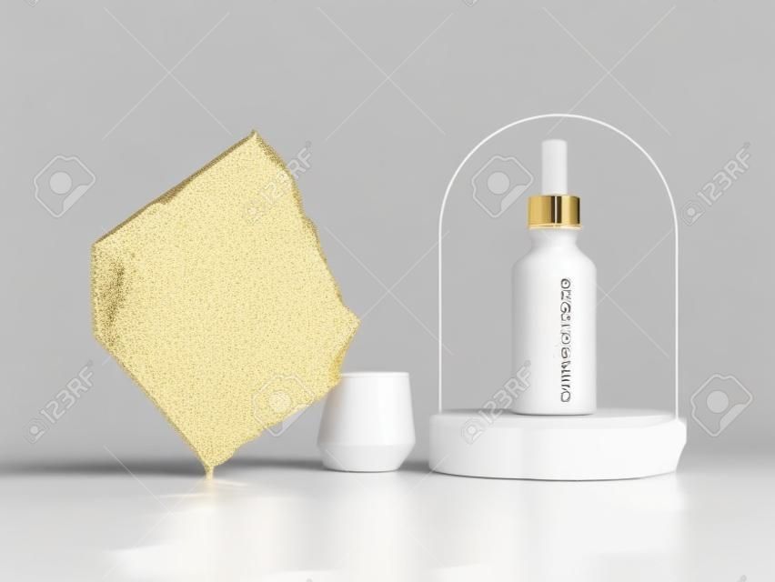 3d render, white cosmetic jar with golden dropper cap, placed on rough cobblestone platform. Modern beauty product presentation. Minimal blank package mockup, commercial showcase