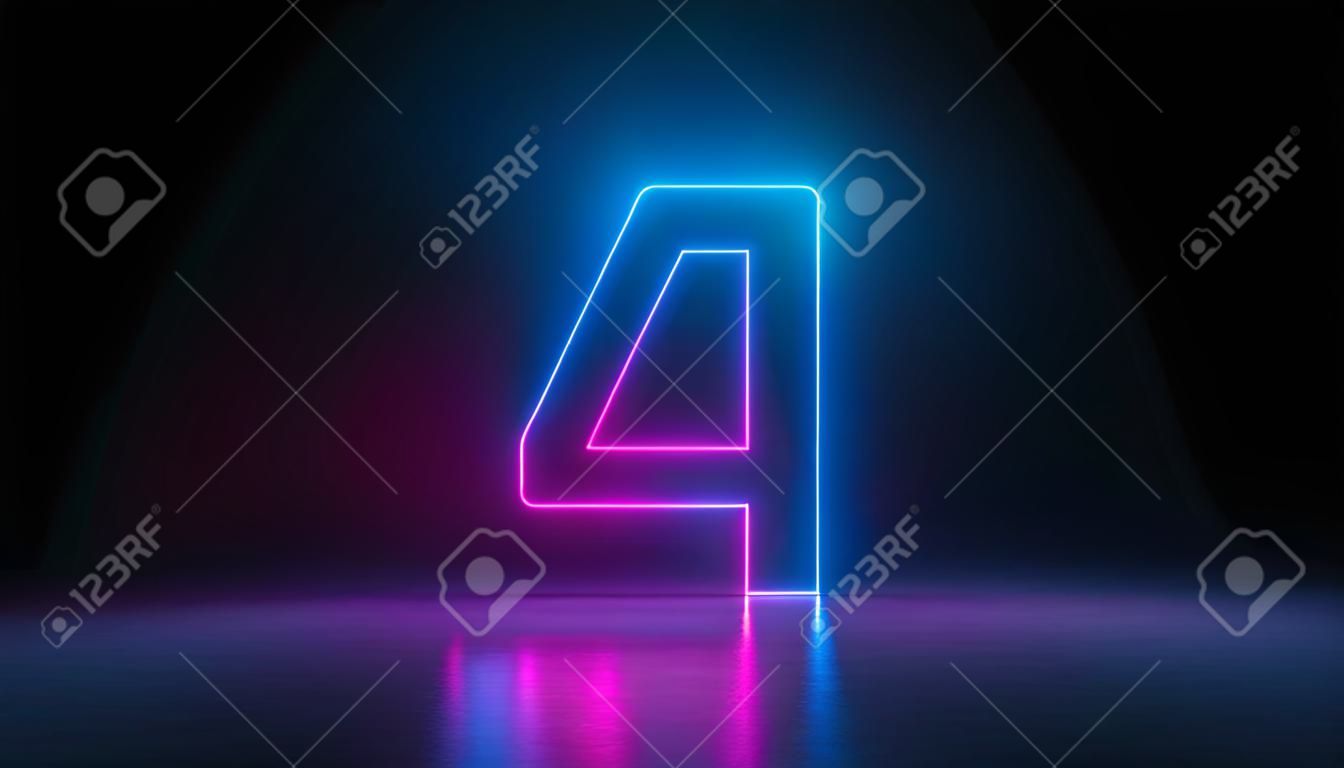 3d render, number four glowing in the dark, pink blue neon light