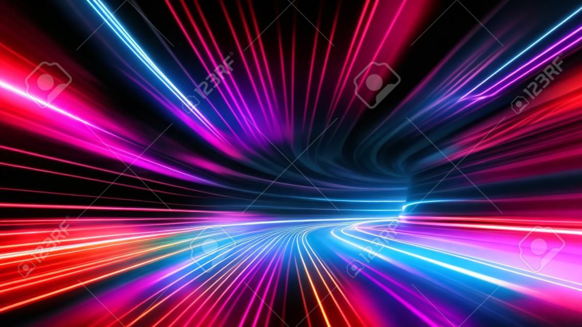 Renderowanie 3D, abstrakcyjne kolorowe neonowe tło, tunel skręcający w prawo, promienie ultrafioletowe, świecące linie, dane sieci cybernetycznej, prędkość światła, przestrzeń i czas, nocne światła autostrady