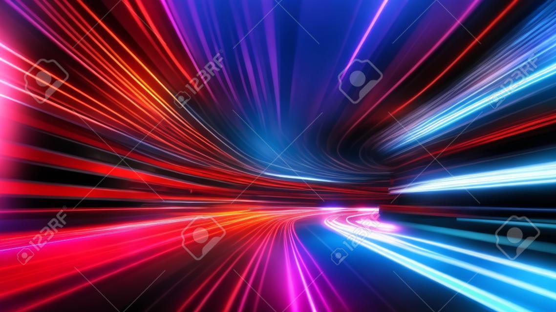 3Dレンダリング、抽象的なカラフルなネオンの背景、右に曲がるトンネル、紫外線、光る線、サイバーネットワークデータ、光速、空間と時間、高速道路の夜の光