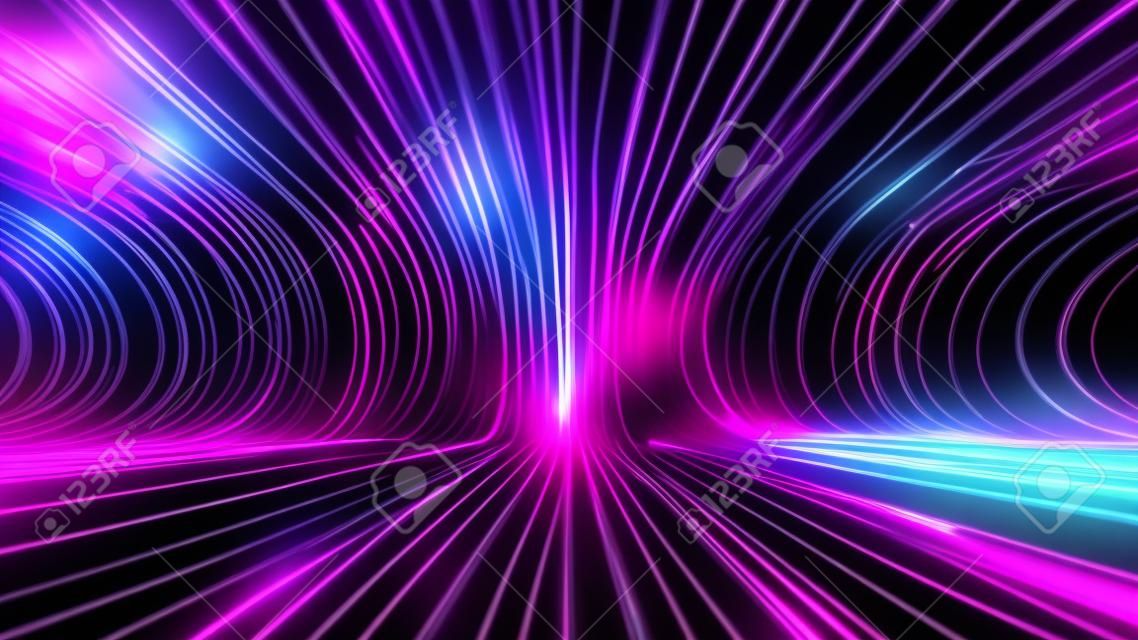 Rendering 3d, sfondo cosmico astratto, raggi al neon ultra violetti, linee luminose, rete informatica, velocità della luce, continuum spazio-temporale