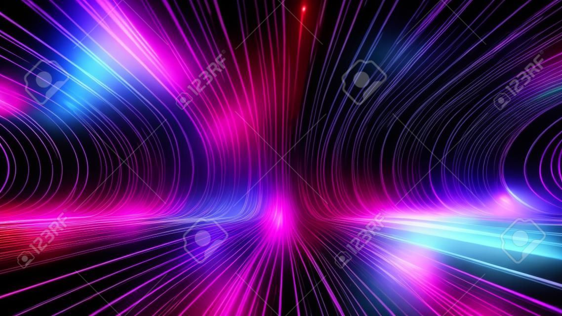 Renderowanie 3D, abstrakcyjne kosmiczne tło, ultrafioletowe promienie neonowe, świecące linie, cyber sieć, prędkość światła, kontinuum czasoprzestrzenne