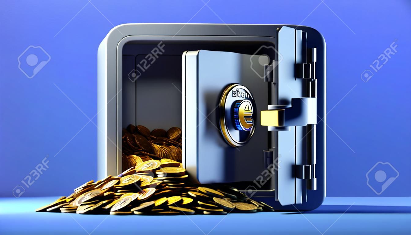 rendu 3d, les pièces d'or avec le symbole bitcoin tombent du coffre-fort ouvert. Concept de protection de crypto-monnaie