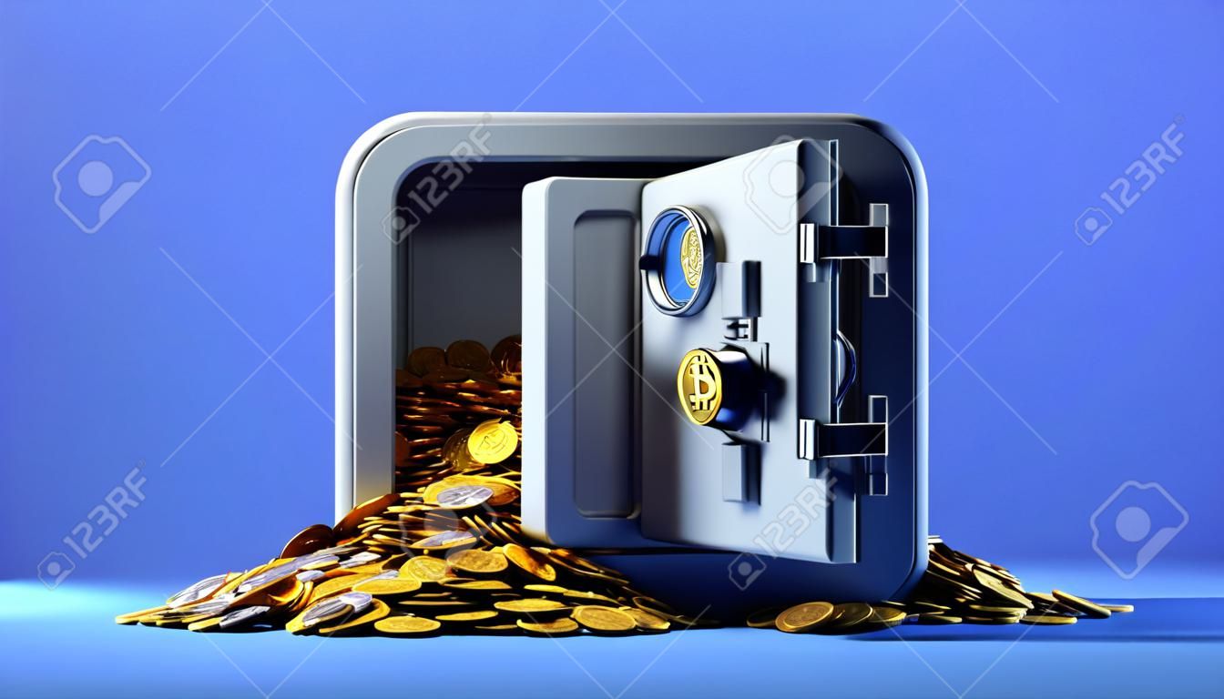 3d render, moedas de ouro com o símbolo bitcoin caem na caixa segura aberta. Conceito de proteção de criptomoeda
