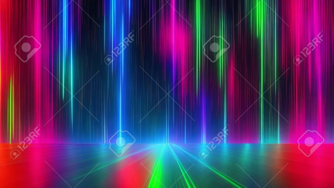 Renderowanie 3D, abstrakcyjne neonowe tło z kolorowymi liniami gwiazda deszcz, tapeta rzeczywistości wirtualnej z promieniami laserowymi