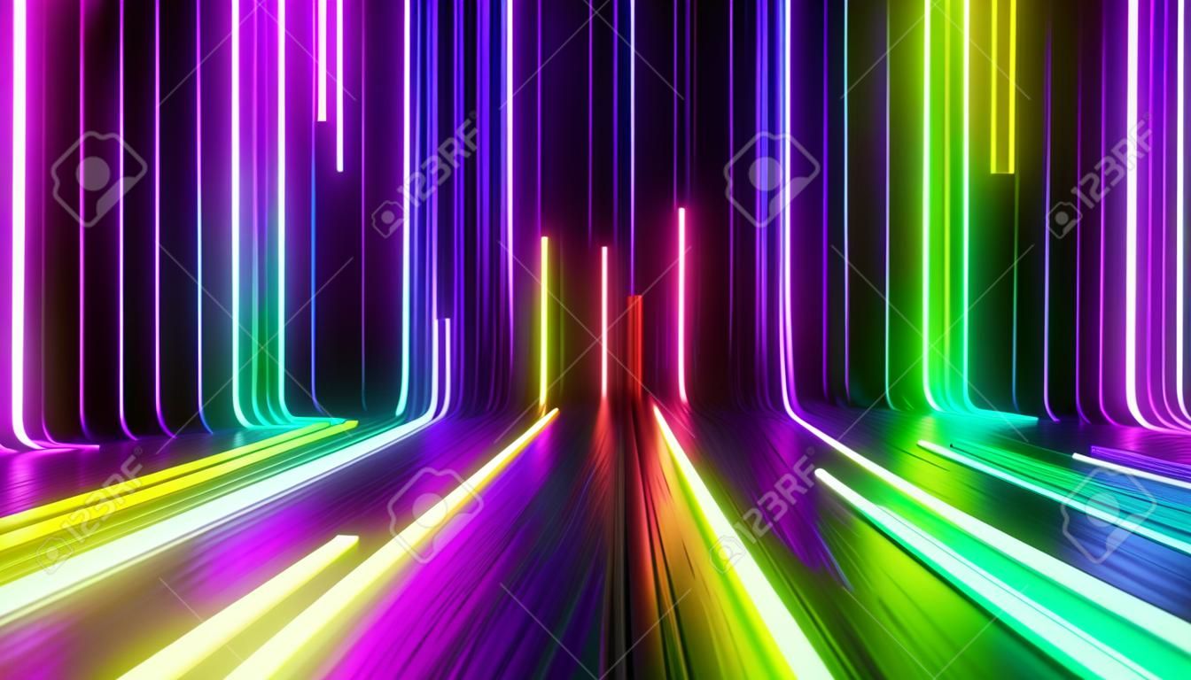 3d 렌더링, 다채로운 스펙트럼으로 추상적인 배경. 네온 광선과 빛나는 선이 있는 현대적인 벽지