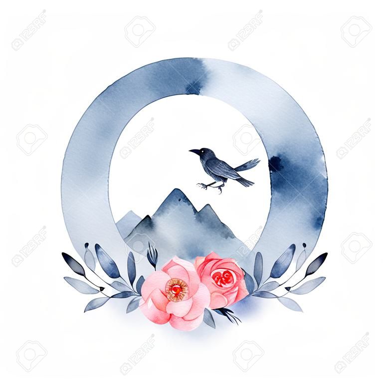 花卉水彩字母表。会标首字母O设计与手绘乌鸦，乌鸦和山为婚礼请柬，卡。