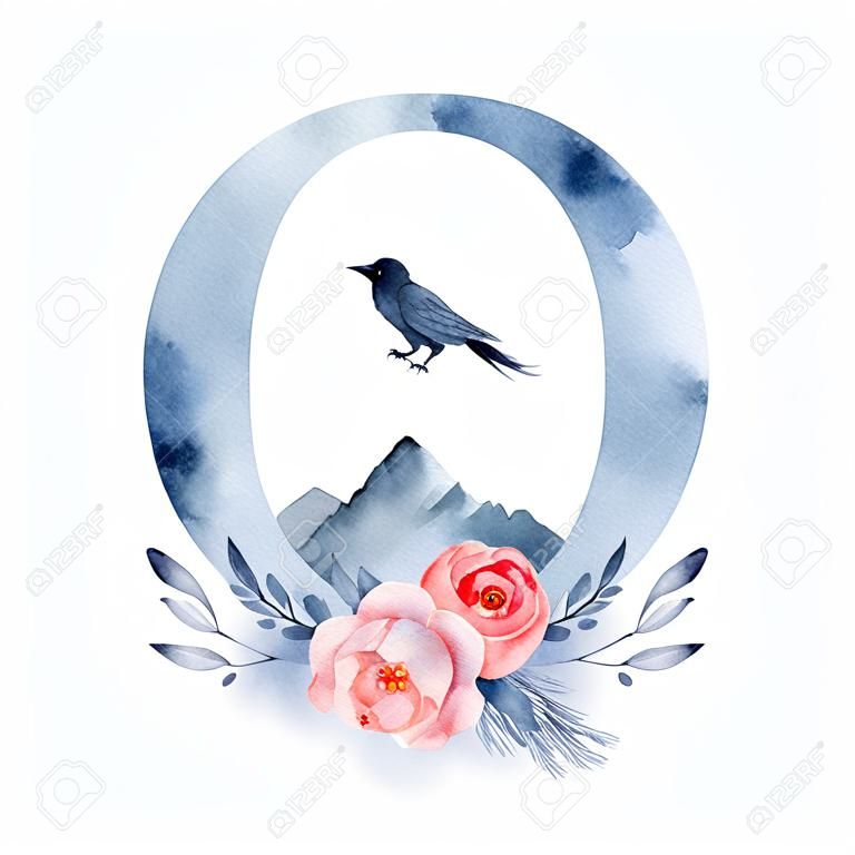 Alfabeto floral aquarela. Monograma letra inicial O design com mão desenhada corvo, corvo e montanha para convite de casamento, cartões.