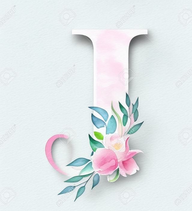 Alfabeto acuarela floral Diseño inicial de la letra J del monograma con flores de peonía dibujadas a mano para invitaciones de boda, tarjetas.