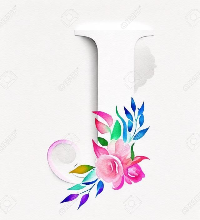 Alphabet aquarelle floral. Conception initiale de lettre J de monogramme avec fleur de pivoine dessinée à la main pour invitation de mariage, cartes.