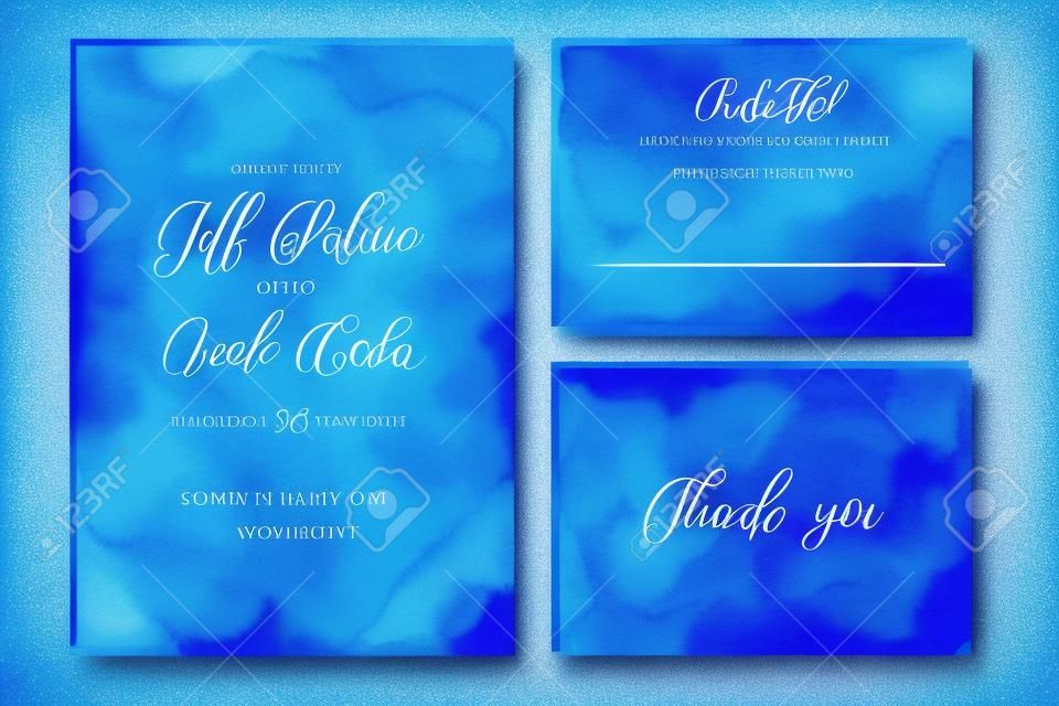 Индиго, темно-синий свадебный набор с красивой ручной обращается акварель фон. Включает шаблоны приглашений, rsvp и благодарственных открыток. Вектор.